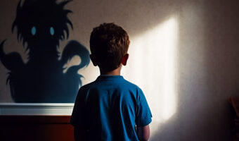 Young boy standing in front of shadow of dragon on wall. Generative AI