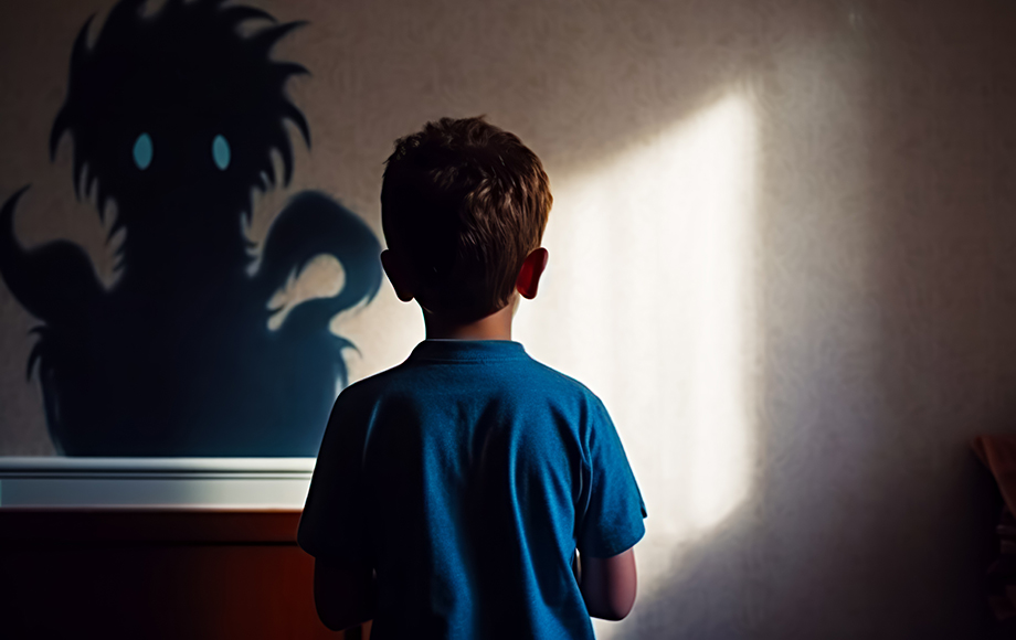 Young boy standing in front of shadow of dragon on wall. Generative AI